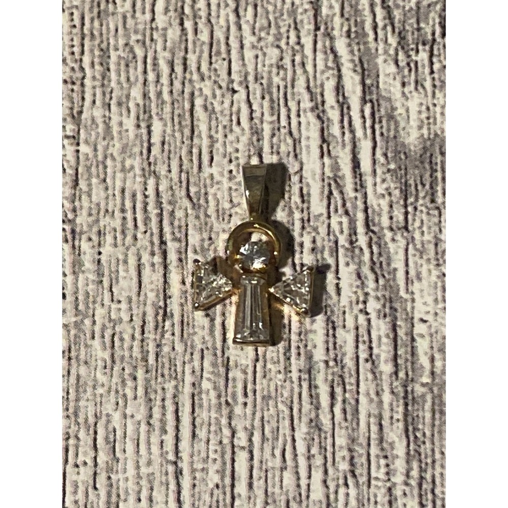 Vintage 14K Gold Filled Rhinestone Angel Cross Pendant 3/4" Guardian Angel